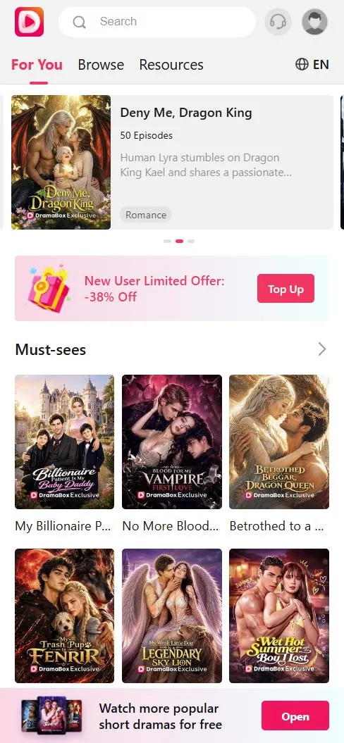 DramaBox mobile website home page with a featured series and a Must-sees row