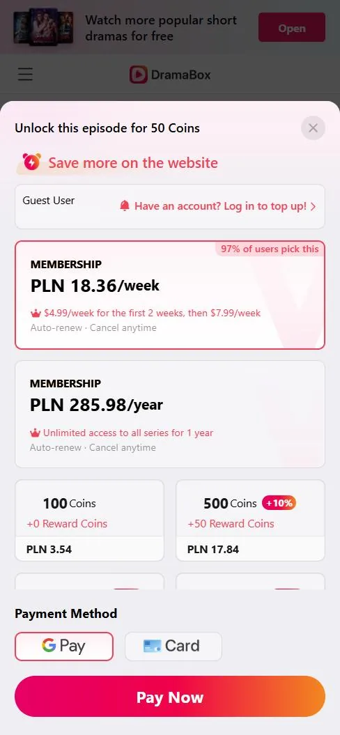 DramaBox mobile website showing weekly and yearly memberships and coin packs with prices in Polish złoty