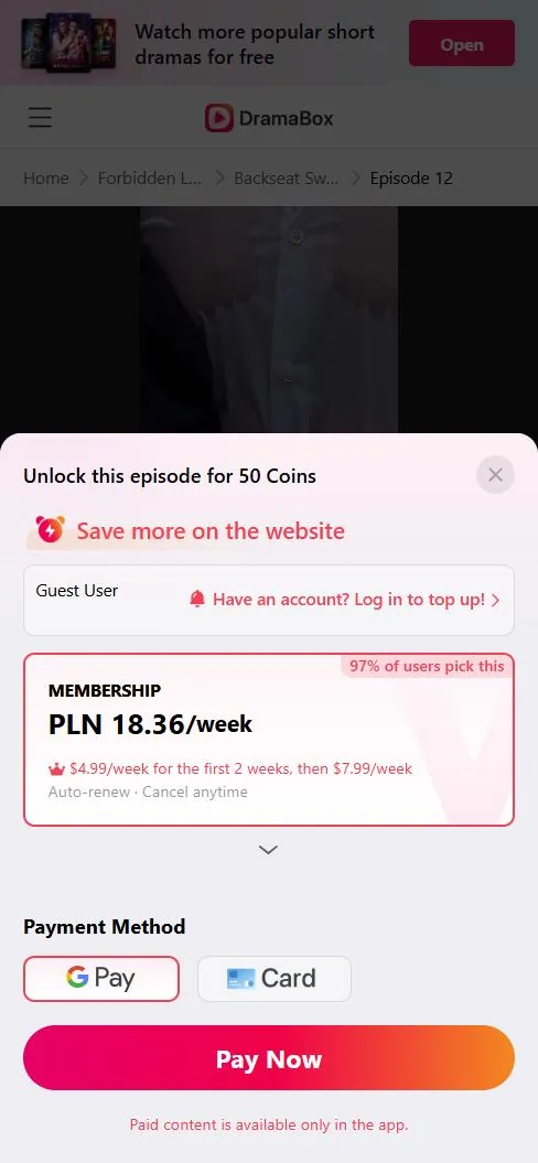DramaBox mobile website unlock prompt offering an episode for 50 coins or a weekly membership