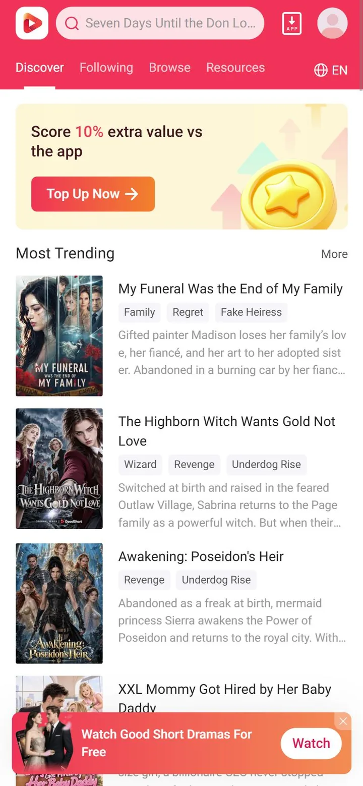 GoodShort mobile website home page with a coin top-up banner and the Most Trending list