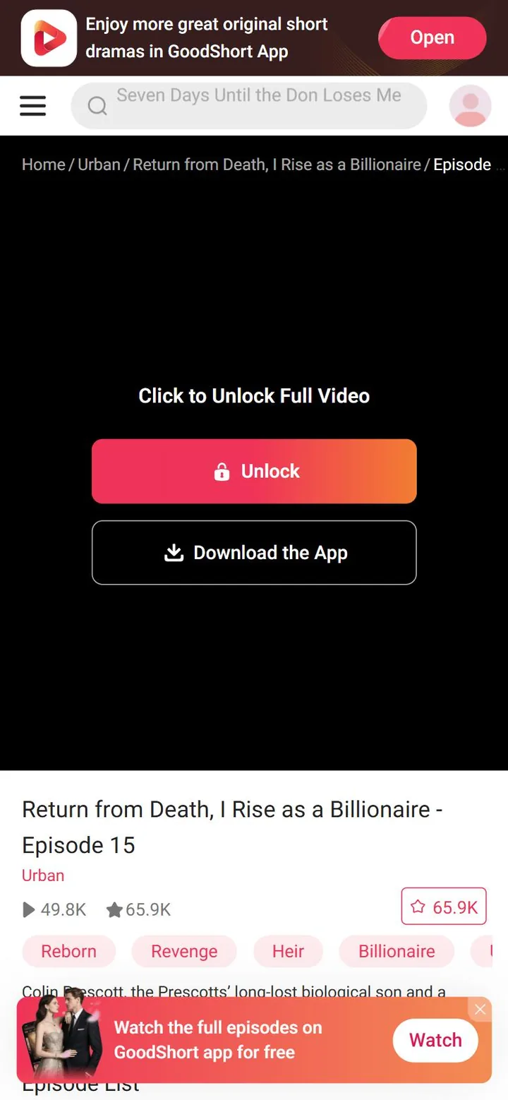 GoodShort mobile website showing an Unlock button and a Download the App button on a locked episode