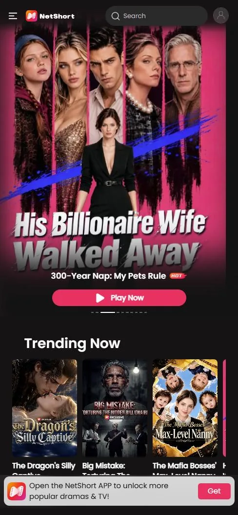 NetShort mobile website home page with a featured series and a Trending Now row