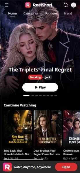 ReelShort mobile website home page with a featured drama and the Reel Original row