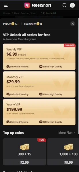 ReelShort mobile website listing monthly and yearly VIP plans and coin packs with prices in Polish złoty