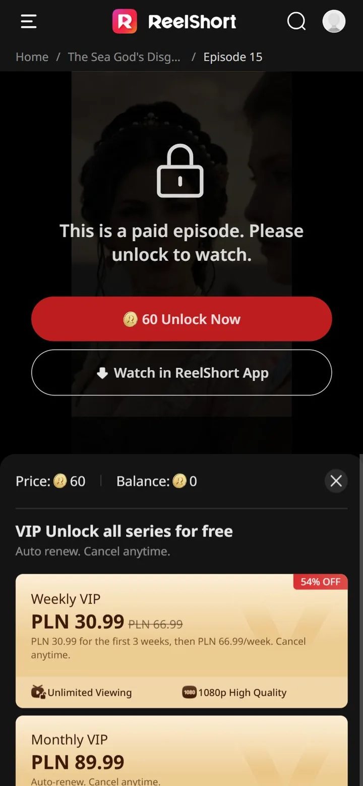ReelShort mobile website showing a locked episode with a 60-coin unlock button and VIP plans below