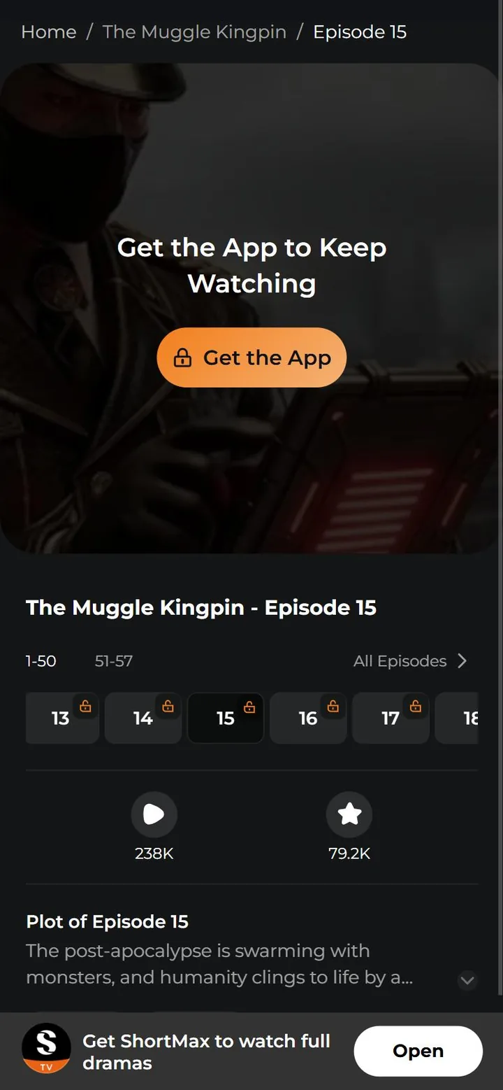 ShortMax mobile website showing Get the App to Keep Watching on a locked episode